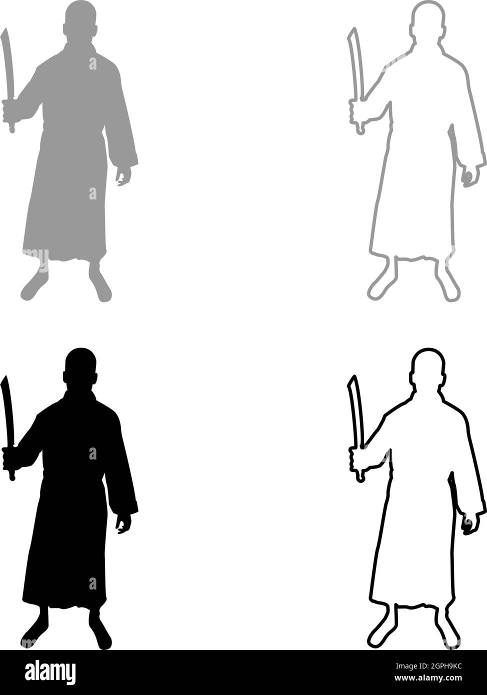Uomo con machete di spada armi fredde in mano uomo militare Soldier Serviceman in posizioni Hunter con lotta a coltello pone un forte difensore concetto di armi Guerriero sagoma del supporto grigio nero colore vettore illustrazione solido contorno immagine Illustrazione Vettoriale