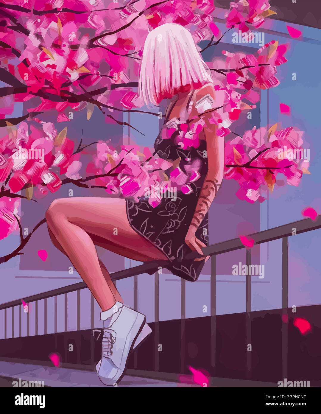 Ragazza ANIME con capelli rosa, con un tatuaggio, in un abito e sneakers siede su una recinzione sullo sfondo di sakura. Illustrazione Vettoriale
