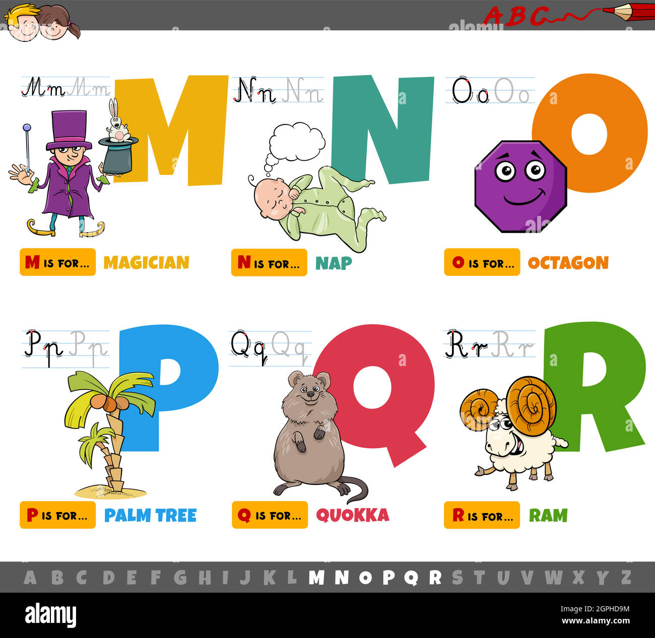 Lettere alfabetiche cartoon per bambini da M a R. Illustrazione Vettoriale