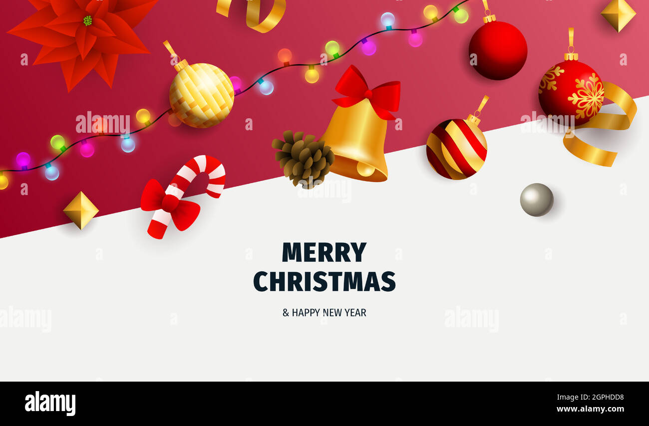 Allegro banner natalizio con ghirlanda su terreno bianco e rosso Illustrazione Vettoriale