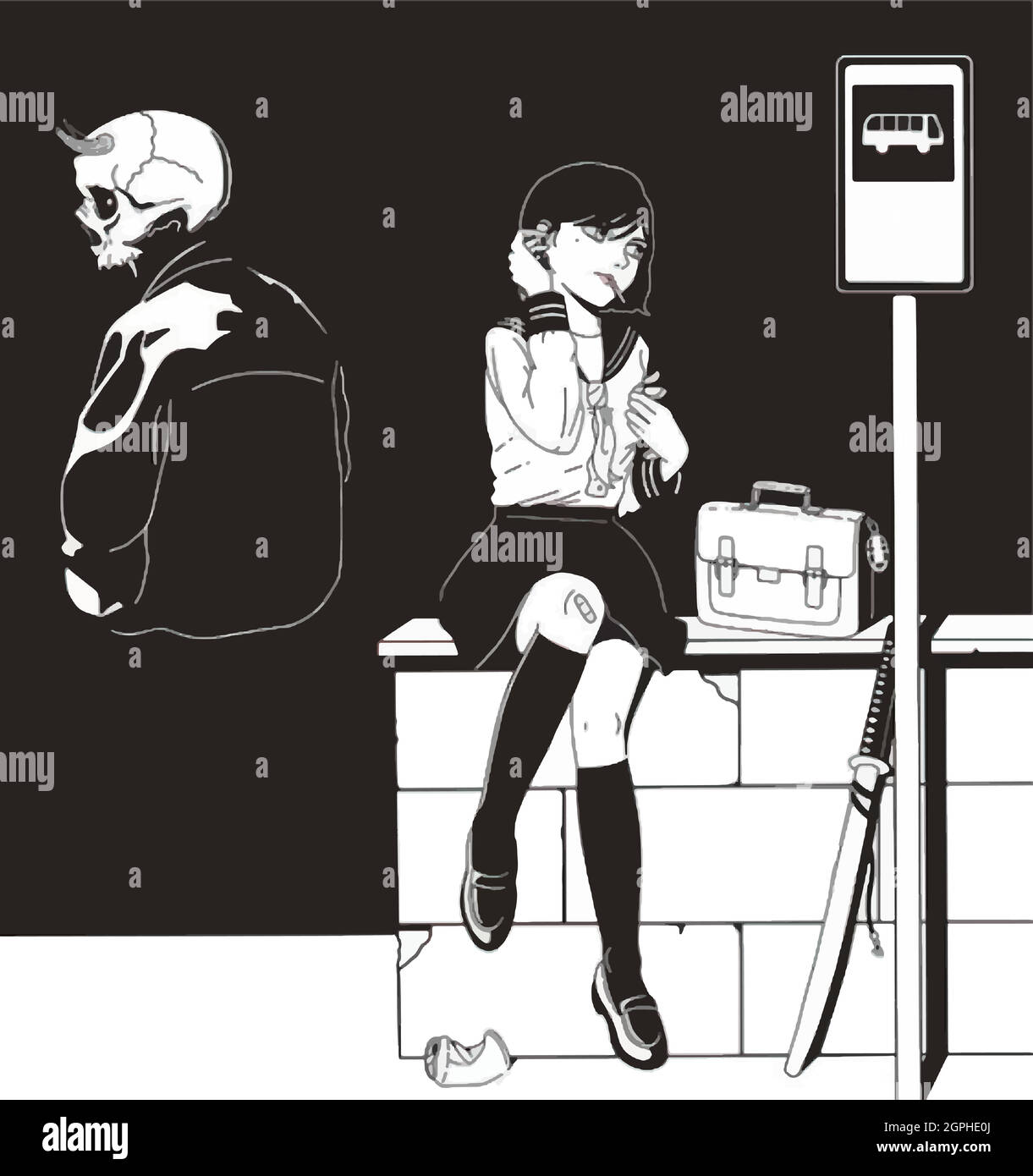 anime girl fuma alla fermata dell'autobus. Illustrazione in bianco e nero Illustrazione Vettoriale