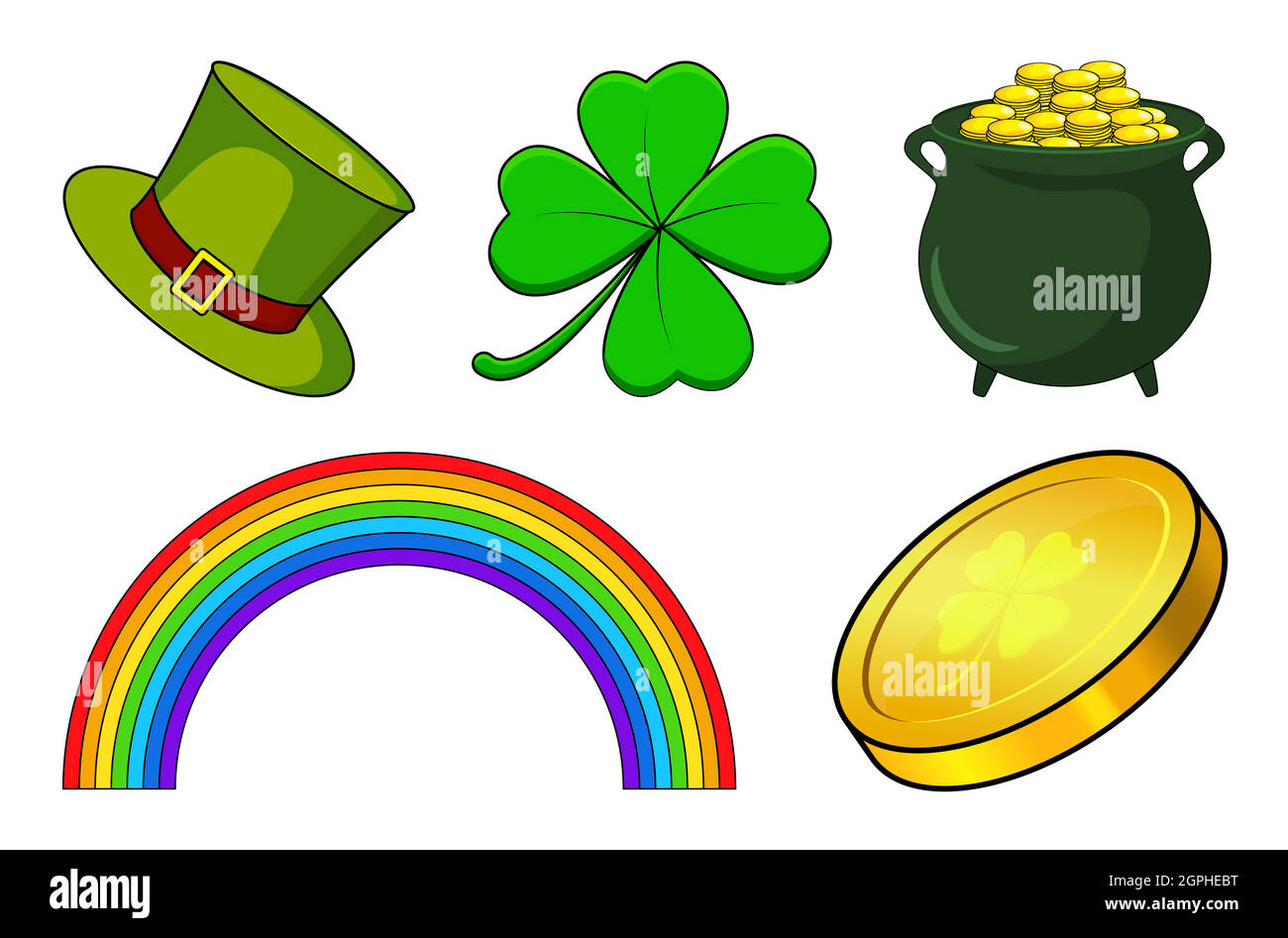 Icona del giorno delle Patricks impostata. Collezione Vector Holiday per la celebrazione irlandese. Illustrazione cartoon isolato su bianco. Contiene quattro foglie di trifoglio, arcobaleno, calderone con monete e cappello verde. Illustrazione Vettoriale
