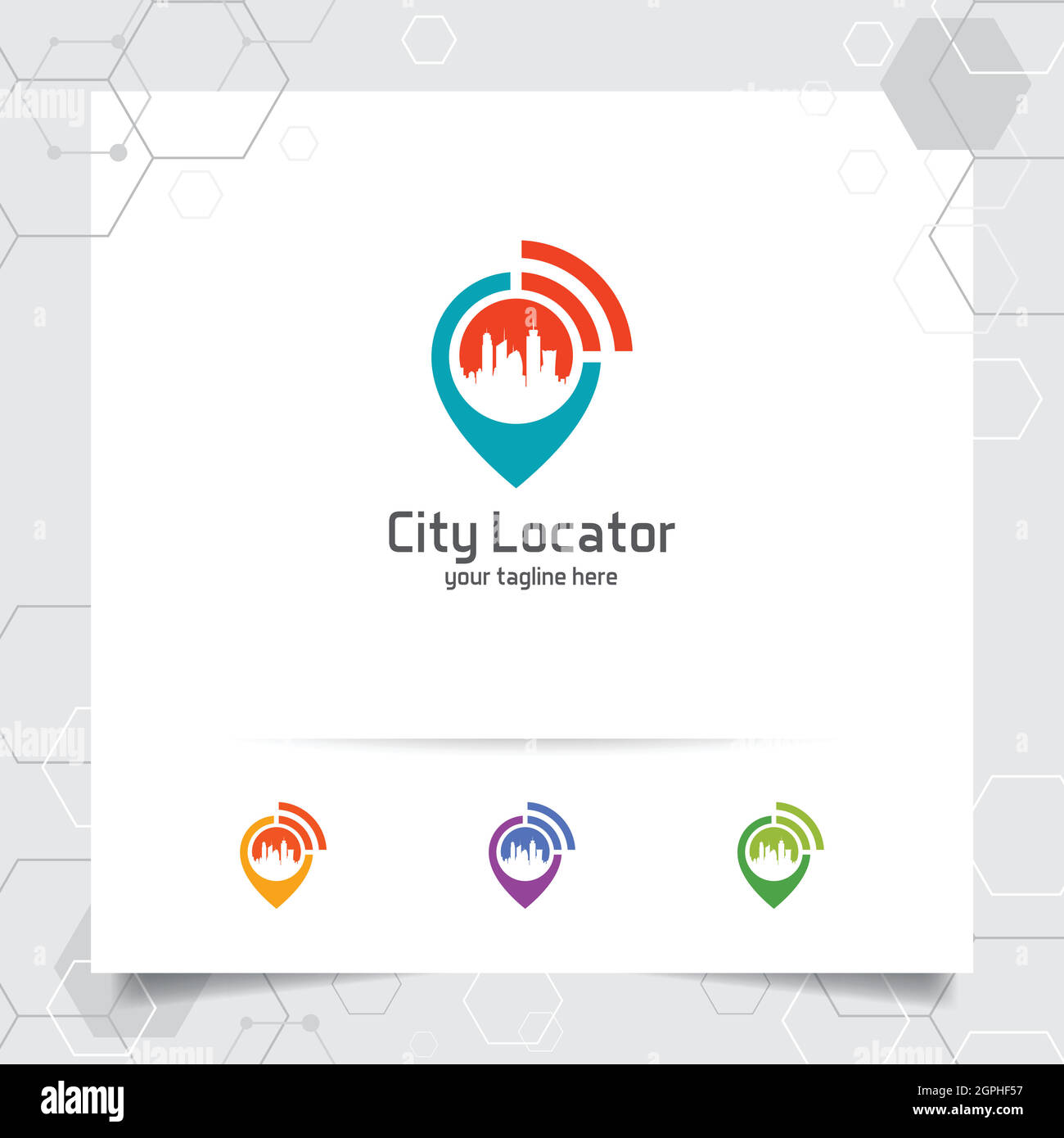 Vettore del logo City Locate con il concetto di localizzatore di mappe puntate e design del simbolo del paesaggio urbano wifi per viaggi, guida locale, gps e tour. Illustrazione Vettoriale