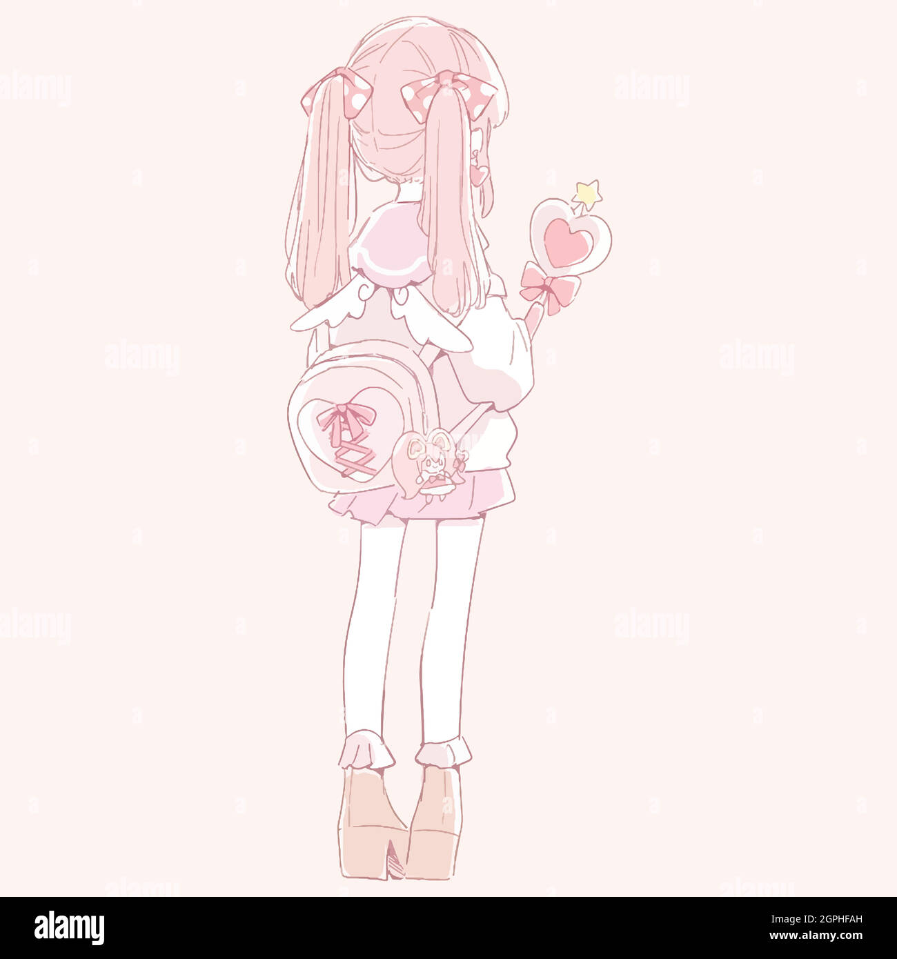 Una bella ragazza anime con capelli rosa, con uno zaino e una bacchetta magica in mano su sfondo rosa. Illustrazione Vettoriale