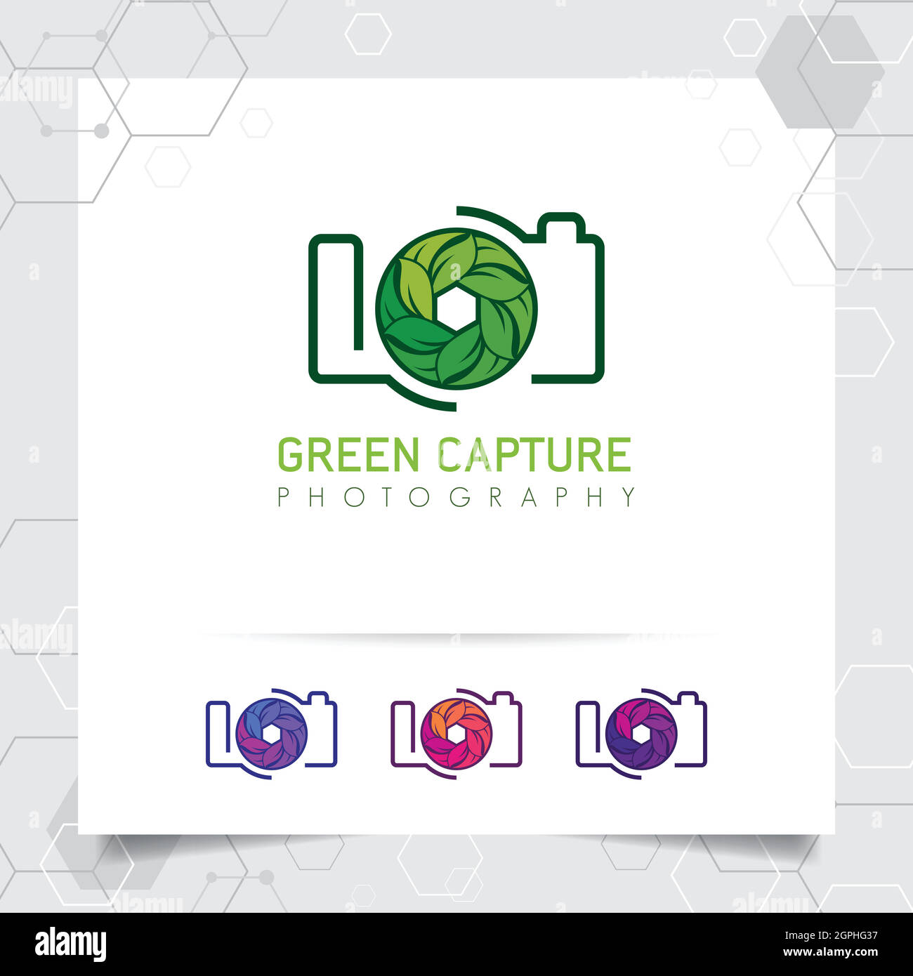 Fotografia e logo fotografico con il concetto di icona foglia e vettore obiettivo fotocamera per fotografo, foto studio, e fotografia della natura. Illustrazione Vettoriale
