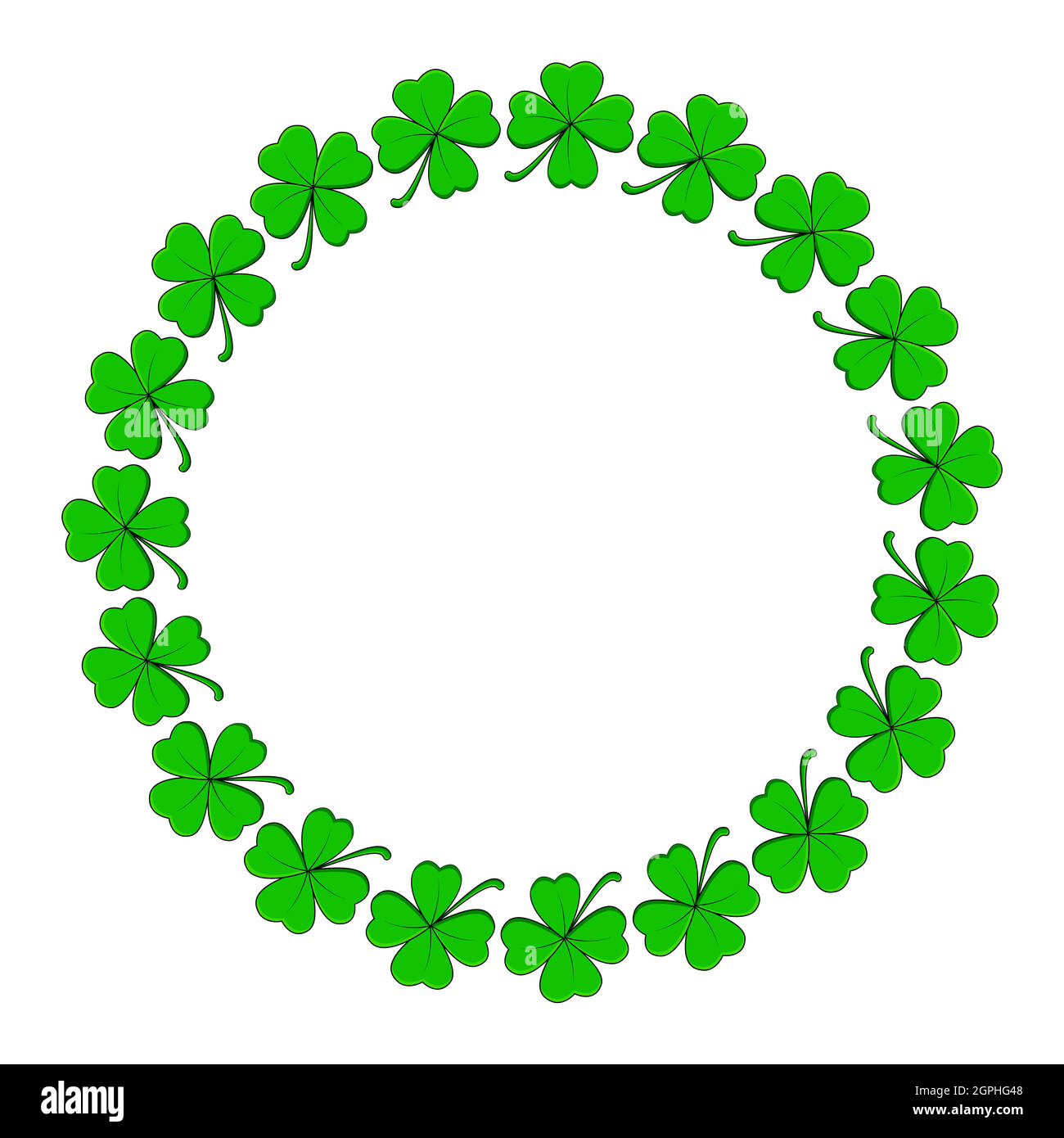 Clover cerchio cornice. Disegno vettoriale con shamrock a quattro lamelle. Giorno di festa san patrizio modello di sfondo. Illustrazione Vettoriale