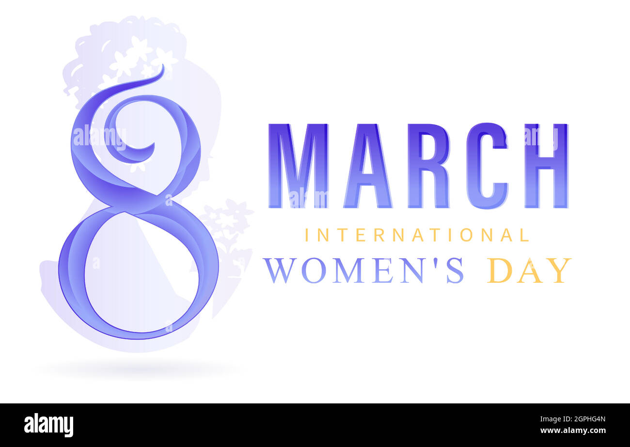 8 marzo Giornata internazionale delle donne o 8 marzo Giornata felice delle donne con lettera blu di numeri e sfondi bianchi isolati. Applicabile per poster, banner e qualsiasi cosa Illustrazione Vettoriale