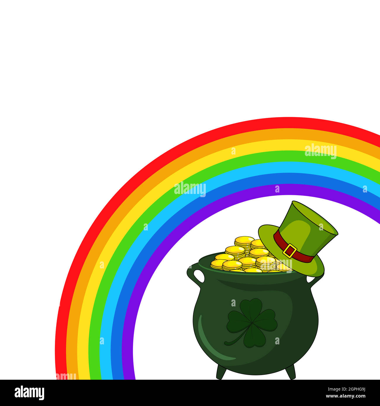 Patricks giorno backgroud. Ideale per striscioni o bordi con spazio di copia. L'illustrazione contiene simboli di arcobaleno, calderone con denaro e cappello verde. Illustrazione Vettoriale