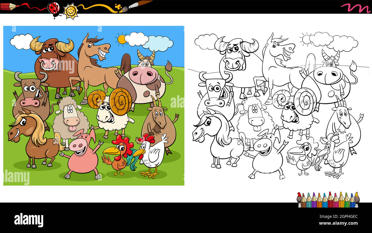 cartoon fattoria animali personaggi gruppo colorare pagina libro Illustrazione Vettoriale