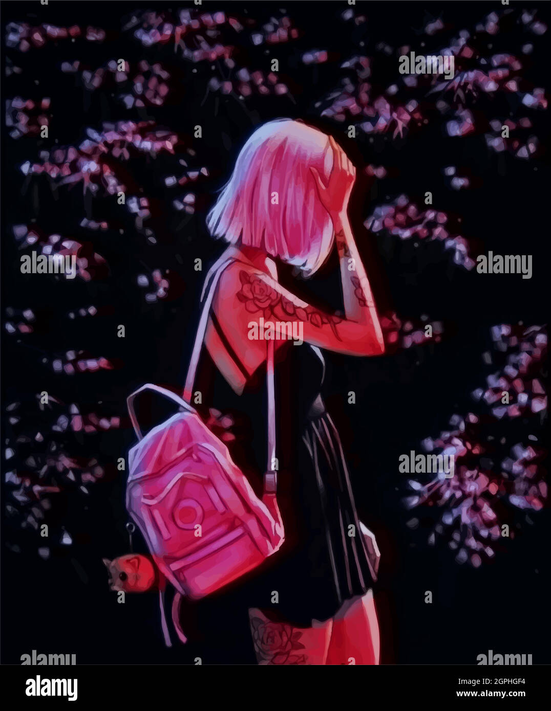Ragazza ANIME con capelli rosa, zaino e gonna su sfondo sakura. Illustrazione Vettoriale