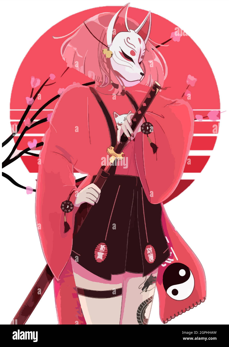ragazza anime con capelli rosa che tiene un pugnale su uno sfondo sakura. Illustrazione Vettoriale