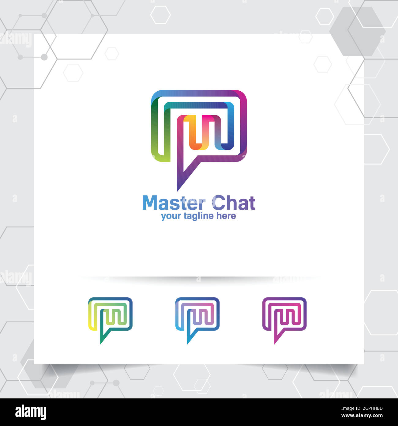 Design del logo della chat concetto vettoriale di lettera m e stile colorato. Vettore del logo della chat multimediale per app, comunicazione e community. Illustrazione Vettoriale