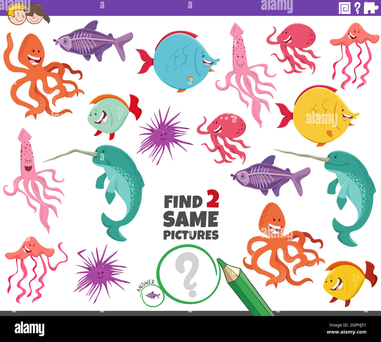 trova due stessi personaggi animali marini gioco educativo Illustrazione Vettoriale