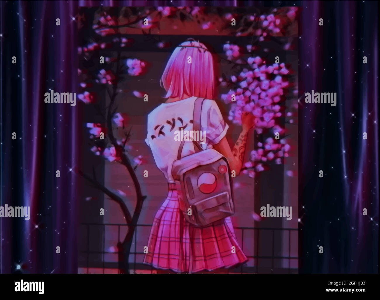 Ragazza ANIME con capelli rosa, zaino e gonna su sfondo sakura. Illustrazione Vettoriale