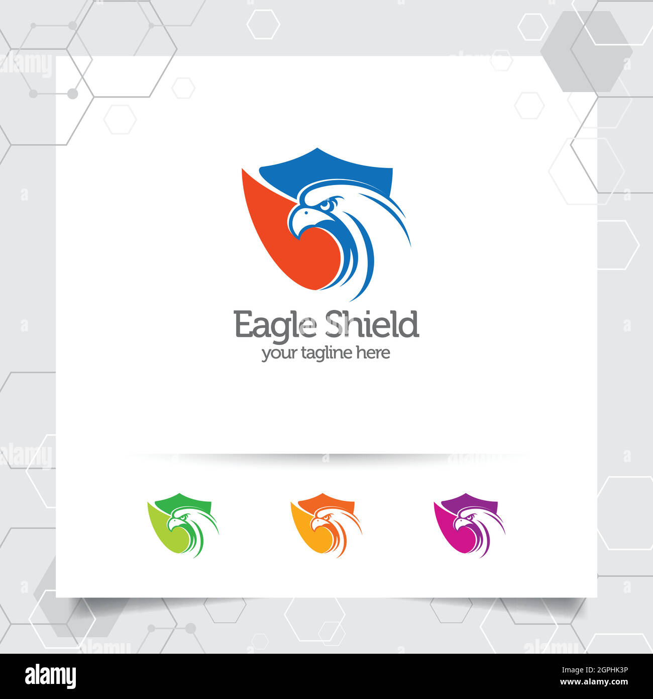Design vettoriale con logo EAGLE Shield con concetto di protezione di sicurezza e icona a forma di testa di aquila per la protezione dei dati, il blocco della privacy e la sicurezza del sistema. Illustrazione Vettoriale