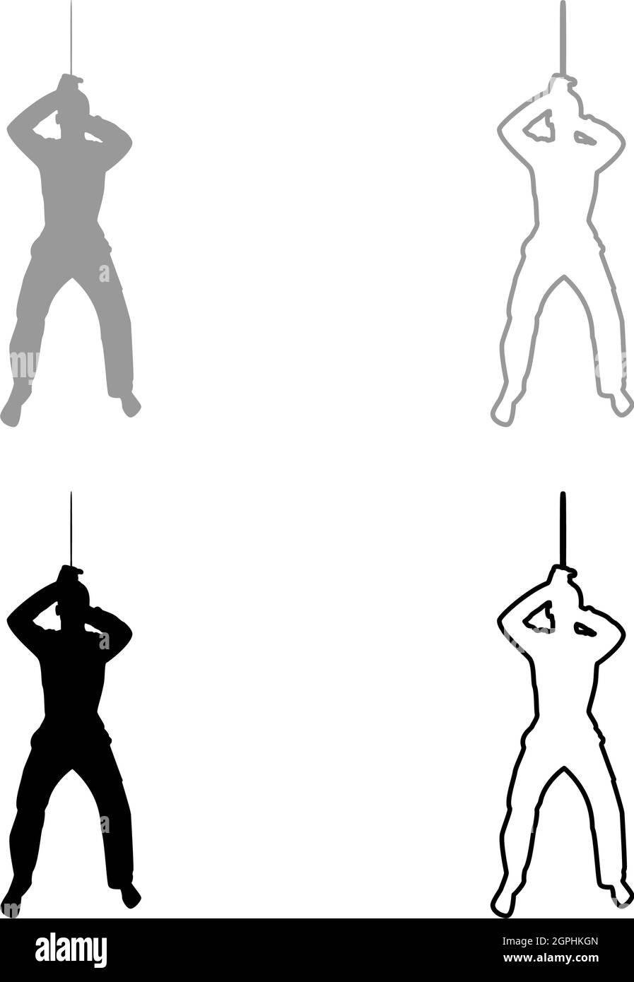 Uomo con machete di spada da sopra armi fredde in mano uomo militare Soldier Serviceman in posizioni Hunter con lotta a coltello pone forte difensore concetto armi Guerriero silhouette supporto grigio nero colore vettore illustrazione solido contorno immagine stile Illustrazione Vettoriale