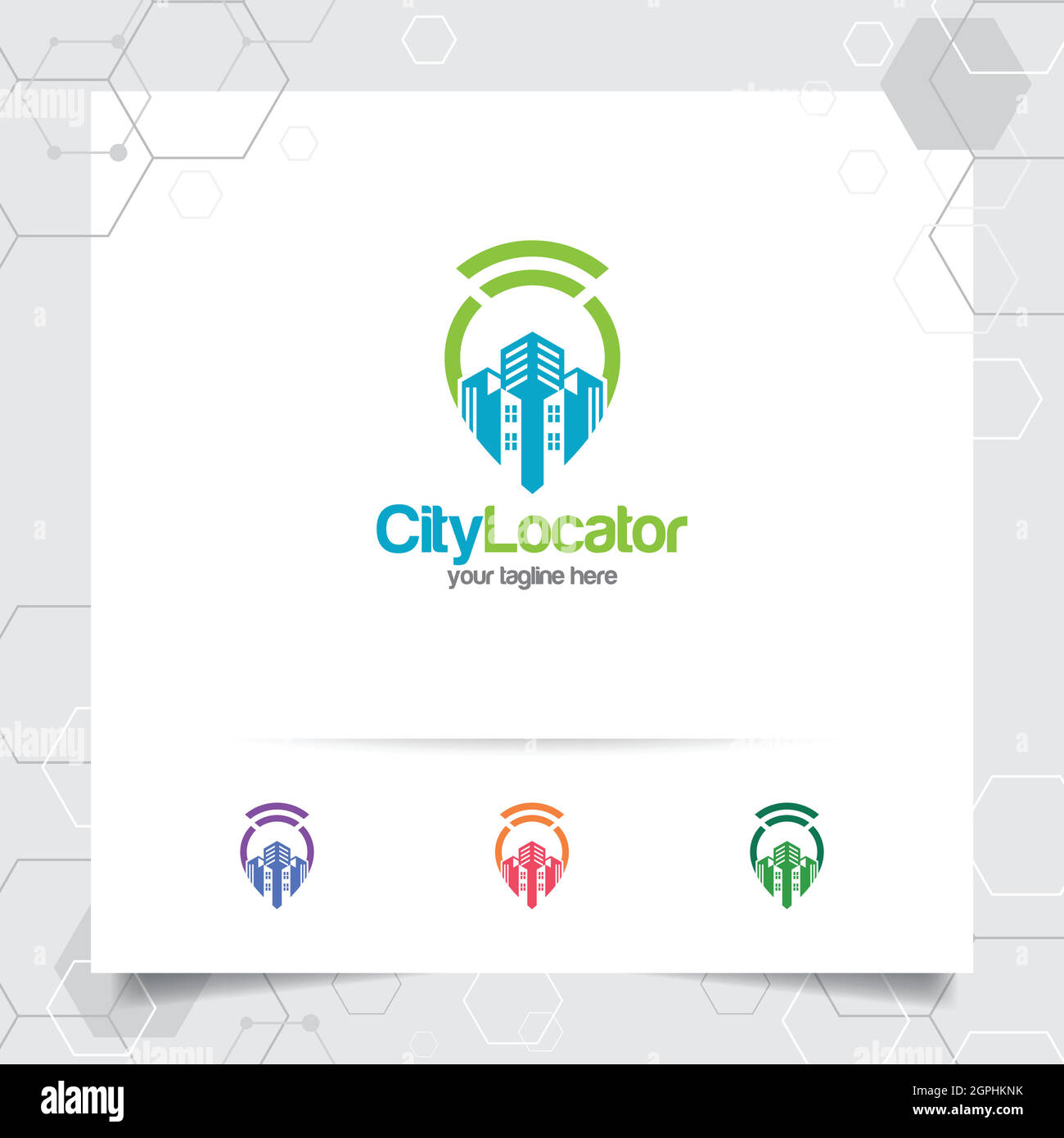Vettore del logo City Locate con il concetto di localizzatore di mappe puntate e design del simbolo del paesaggio urbano wifi per viaggi, guida locale, gps e tour. Illustrazione Vettoriale