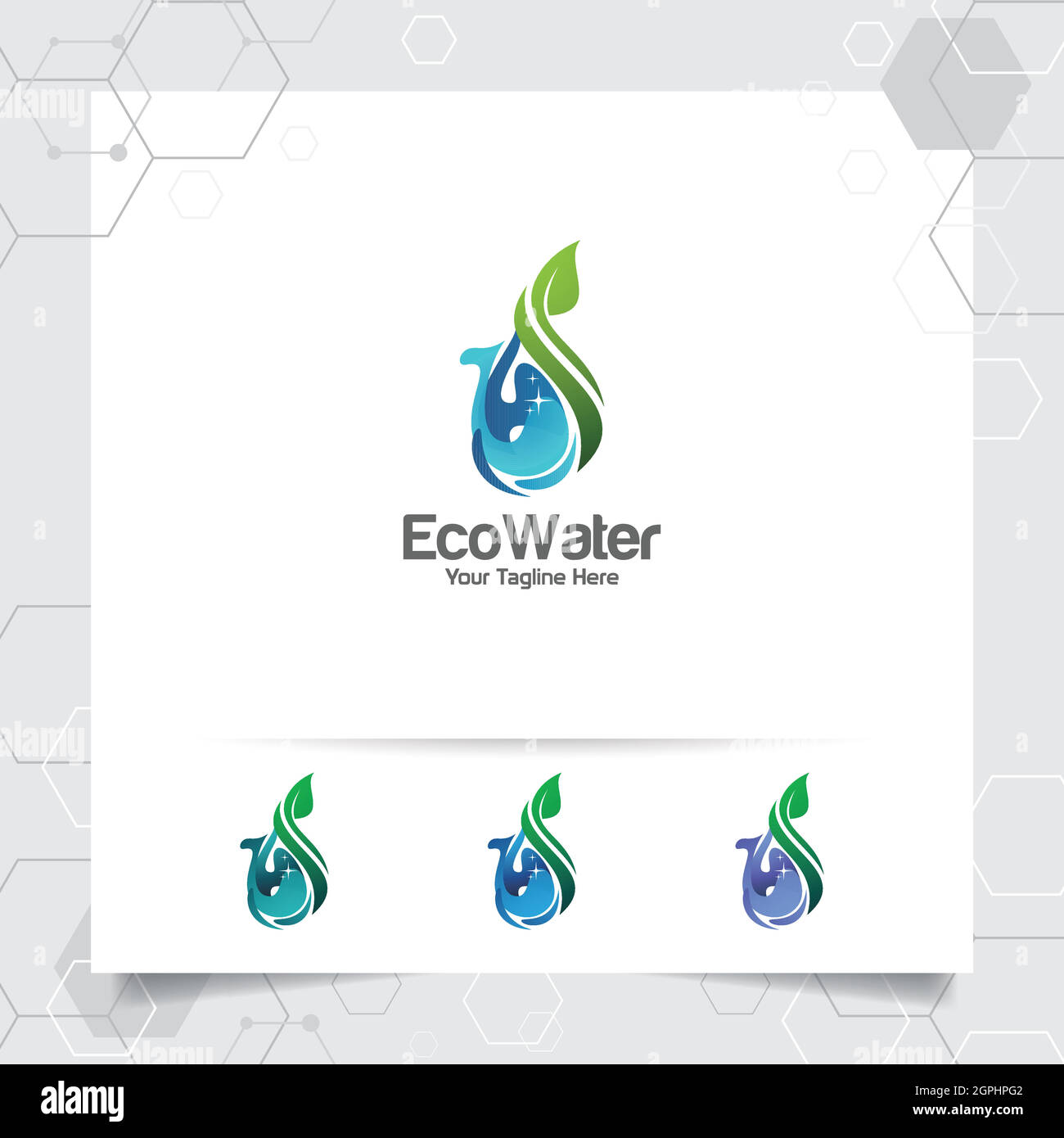 Design del logo dell'acqua goccia con concetto di icona acqua goccia con vettore ecologico verde utilizzato per l'azienda di acqua minerale e l'impianto idraulico. Illustrazione Vettoriale