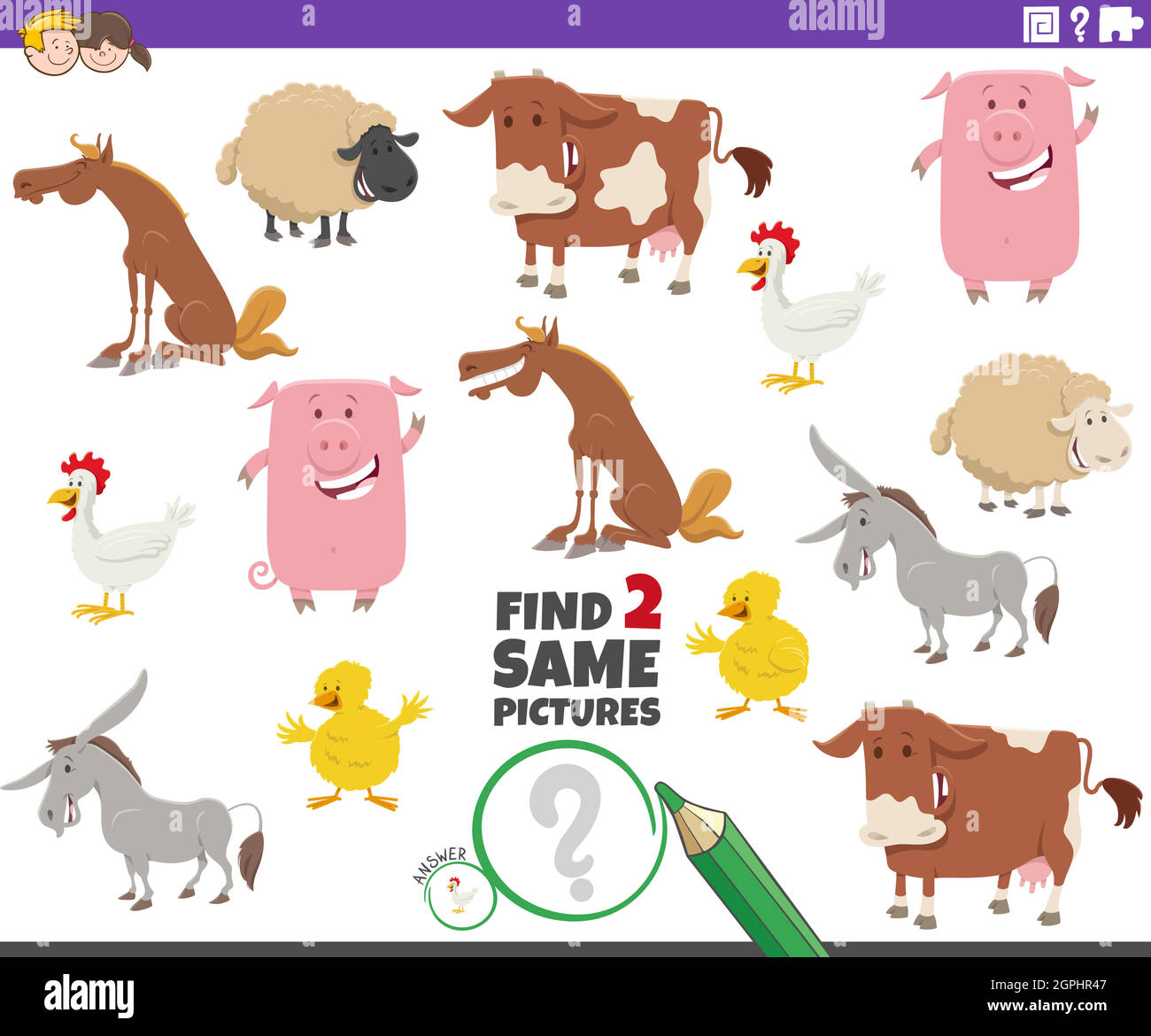trova due stessi animali fattoria personaggi gioco educativo Illustrazione Vettoriale