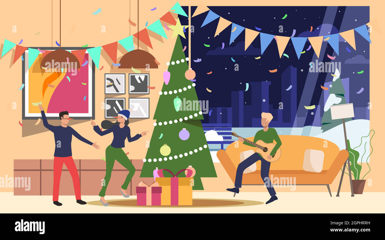 Pagina web amici che festeggia il nuovo anno a casa Illustrazione Vettoriale