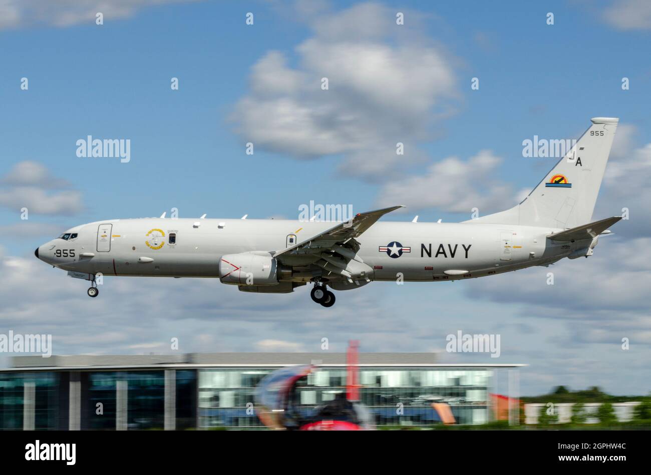 US Navy Boeing P-8 Poseidon velivolo militare sviluppato per la Marina degli Stati Uniti, acquistato dalla Royal Air Force RAF britannica, a Farnborough Foto Stock