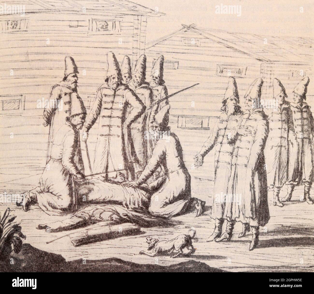 Punizione con batogs. Disegno dal 1674. Foto Stock
