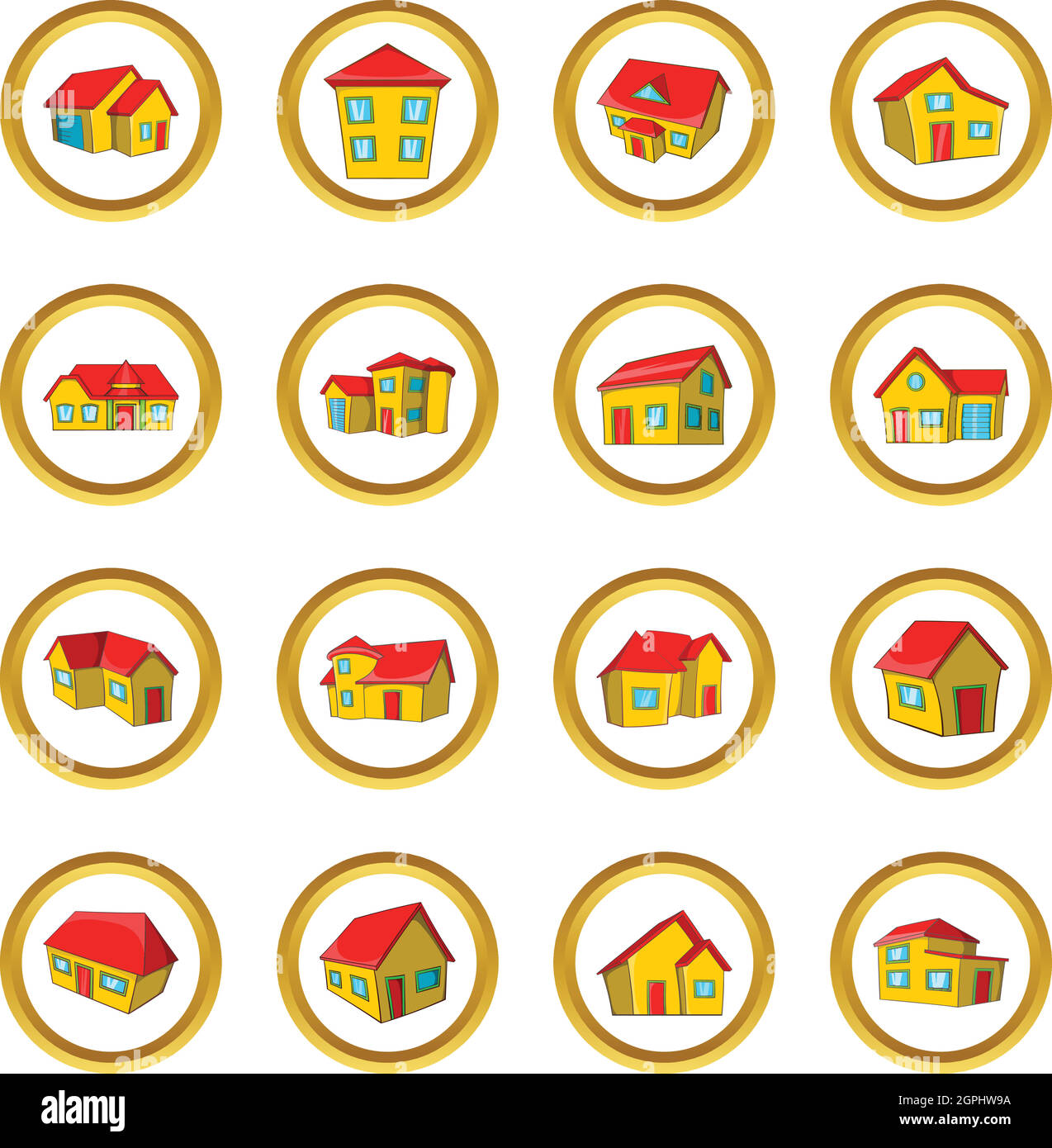 Town House cottage set, stile cartoon Illustrazione Vettoriale