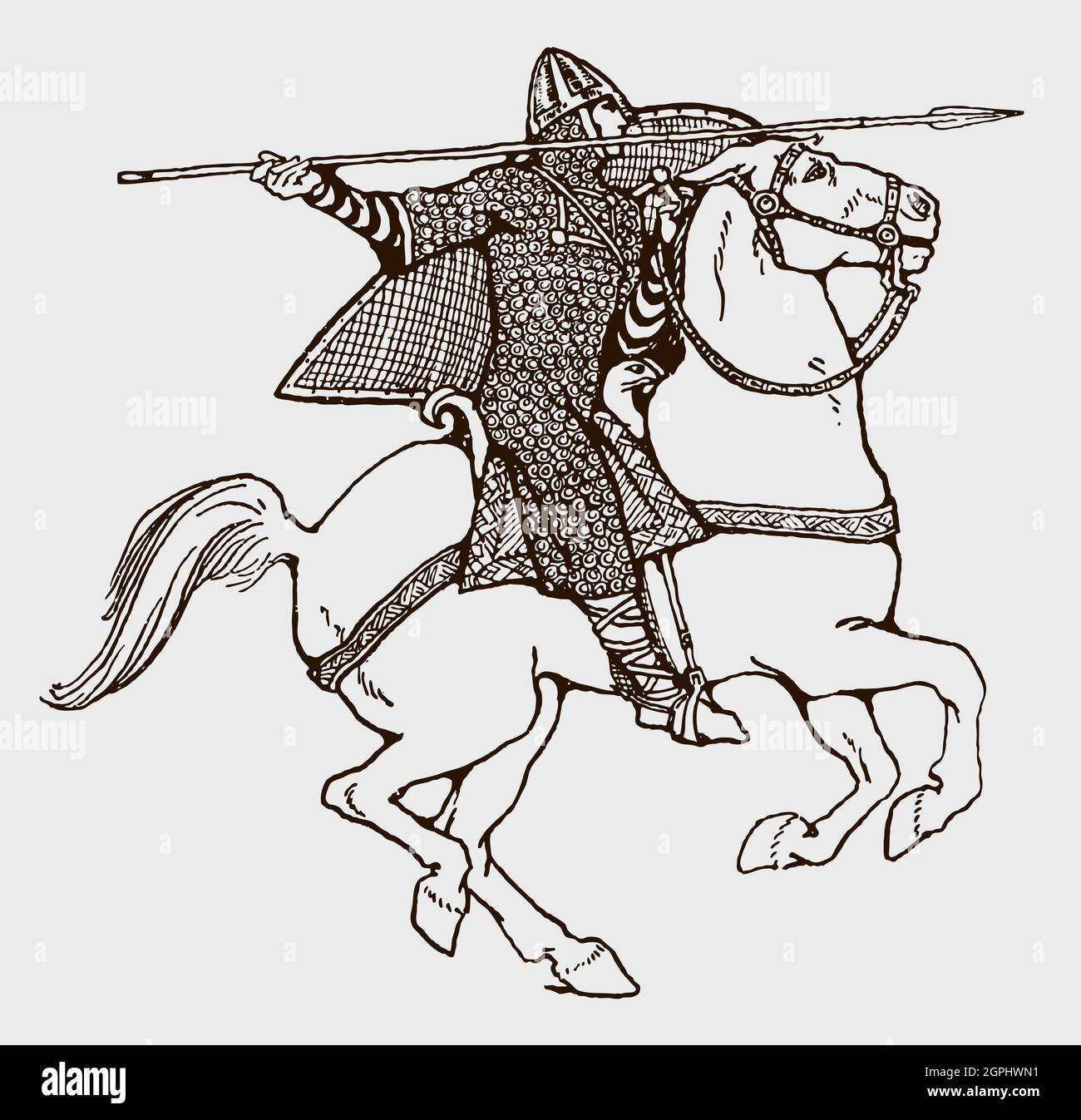 Cavaliere normanno montato che tiene scudo e lancia Illustrazione Vettoriale