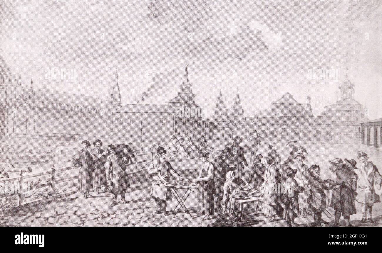Commercio sulla Piazza Rossa a Mosca. Incisione di 1762. Foto Stock