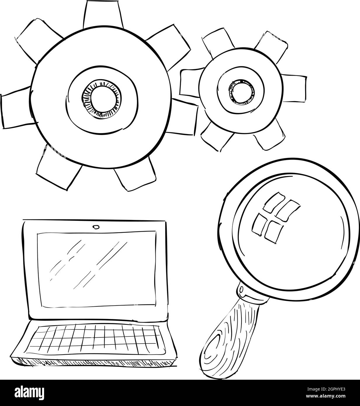 Computer portatile con lente di ingrandimento, disegnati a mano stile Illustrazione Vettoriale
