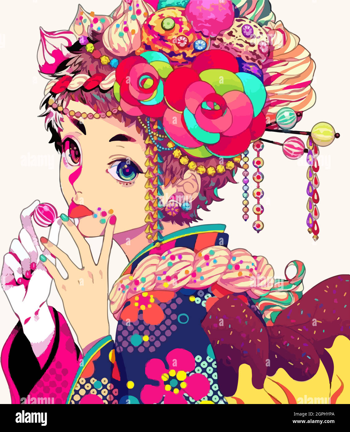 Un'illustrazione colorata di una ragazza anime fatta di dolci. Illustrazione Vettoriale
