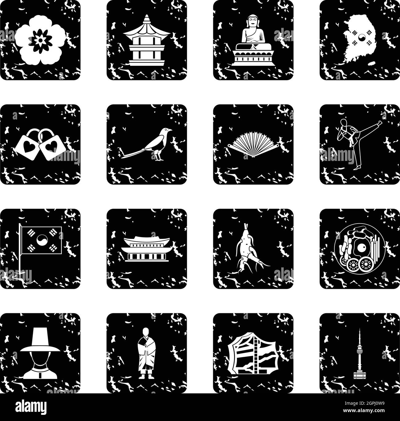 Corea del Sud impostare le icone stile grunge Illustrazione Vettoriale