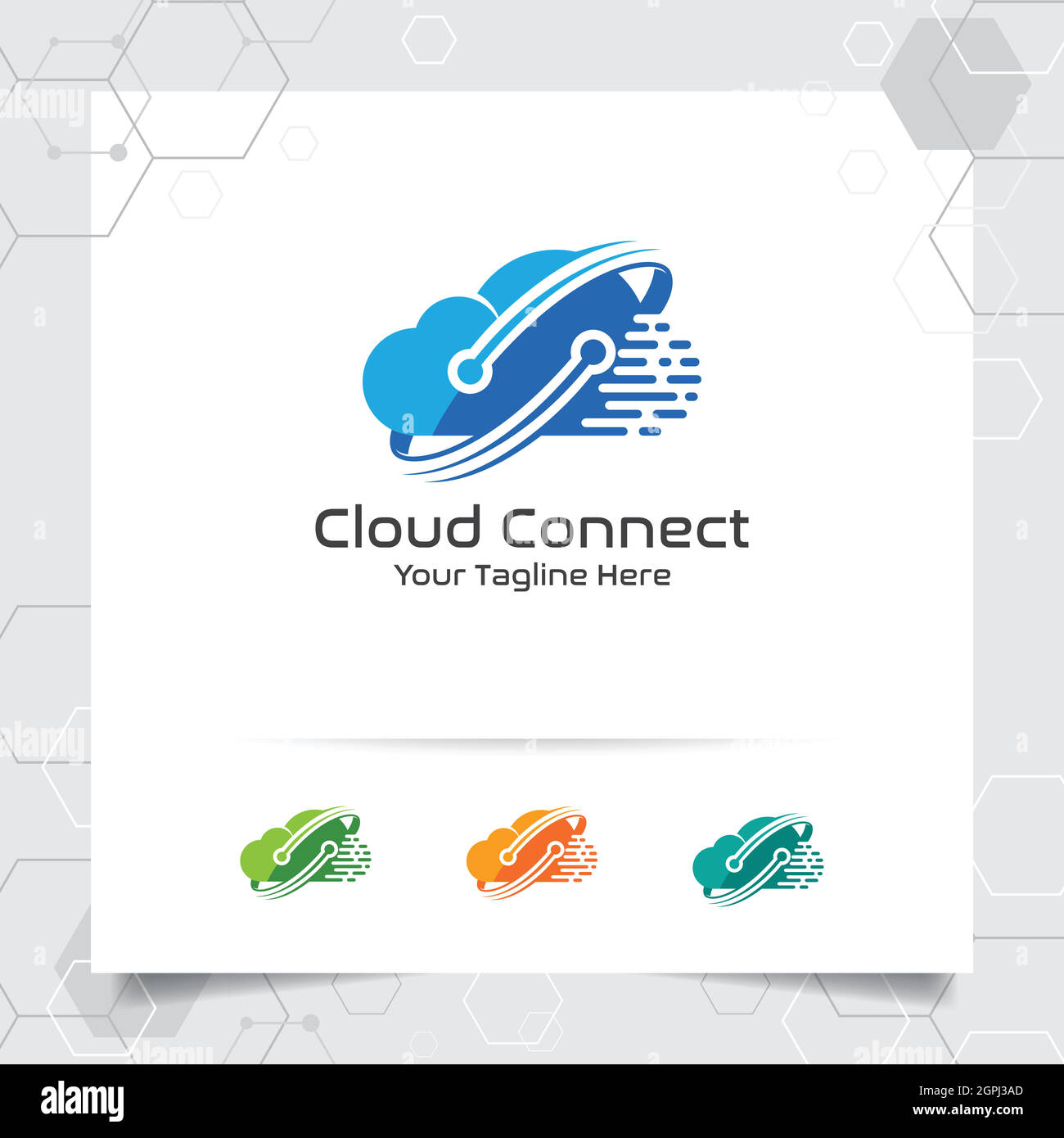 Cloud hosting logo design vettoriale con concetto di digitale e Connect Symbol. Illustrazione vettoriale del cloud computing per provider di hosting, server rack e condivisione dello storage. Illustrazione Vettoriale