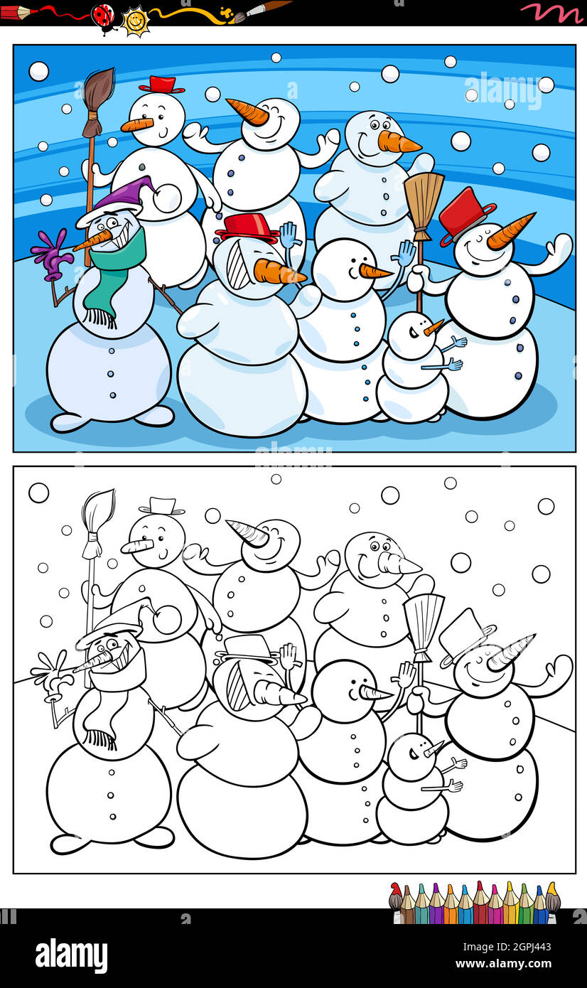 cartoon divertente snowmen caratteri colorare pagina libro Illustrazione Vettoriale