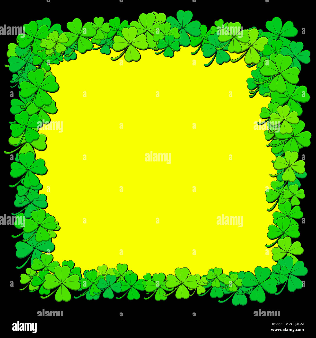 Sfondo Shamrock o trifoglio. Confine vettoriale con i simboli del giorno di san Patrizio. Cornice vuota con spazio di copia. Ideale per striscioni, poster o inviti a feste. Illustrazione Vettoriale