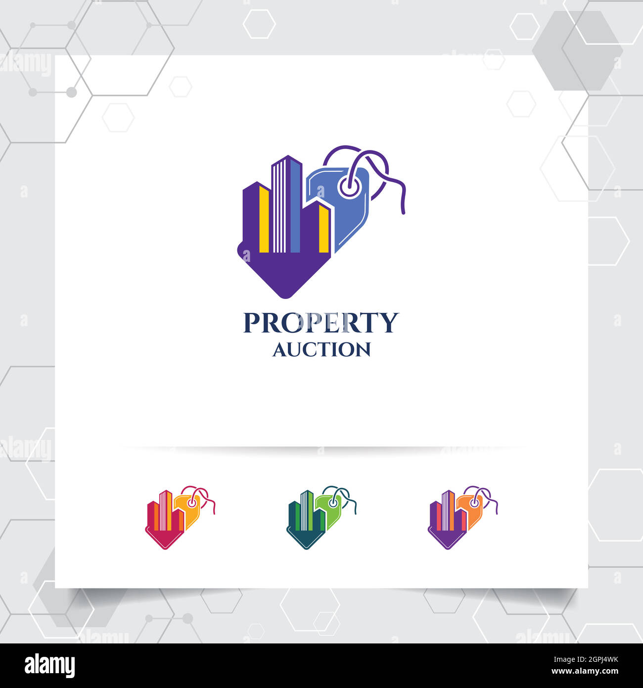 Property sell logo design vettore concetto di prezzo tag icona e illustrazione immobiliare per costruzione, residenza, e proprietà. Illustrazione Vettoriale