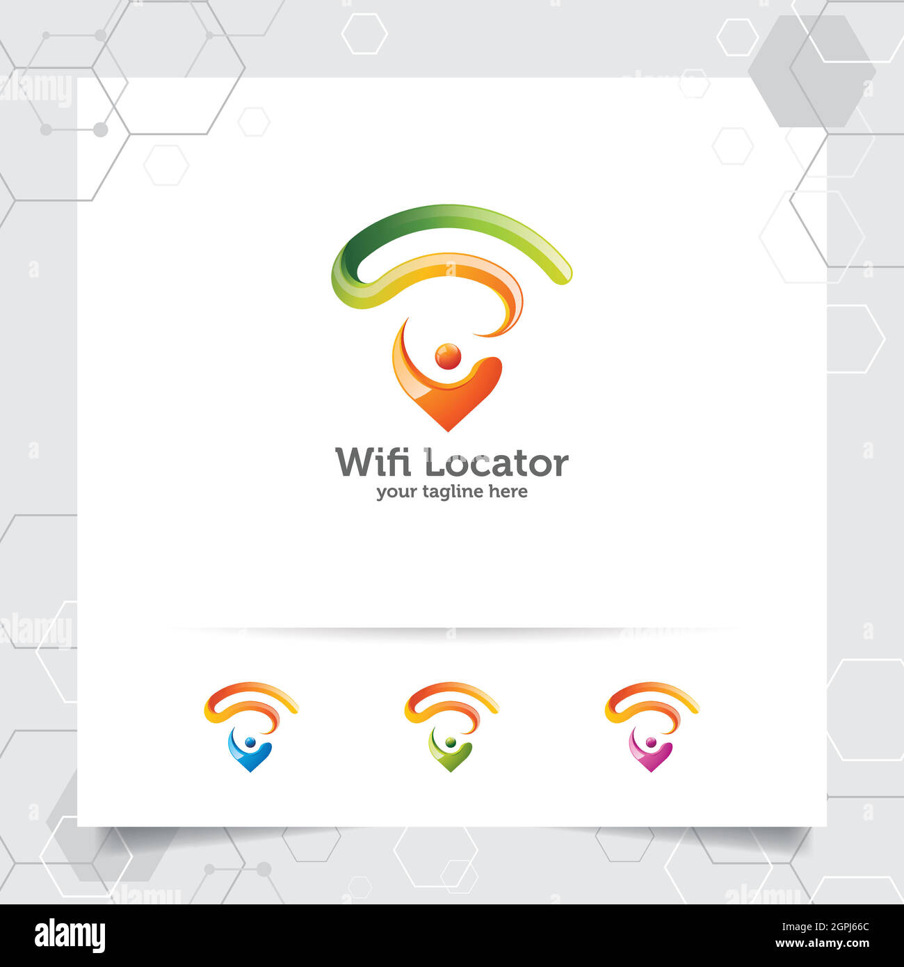 Logo WiFi Locator dal design moderno e lucido . Puntatore della mappa e vettore del simbolo del segnale wifi. Illustrazione Vettoriale