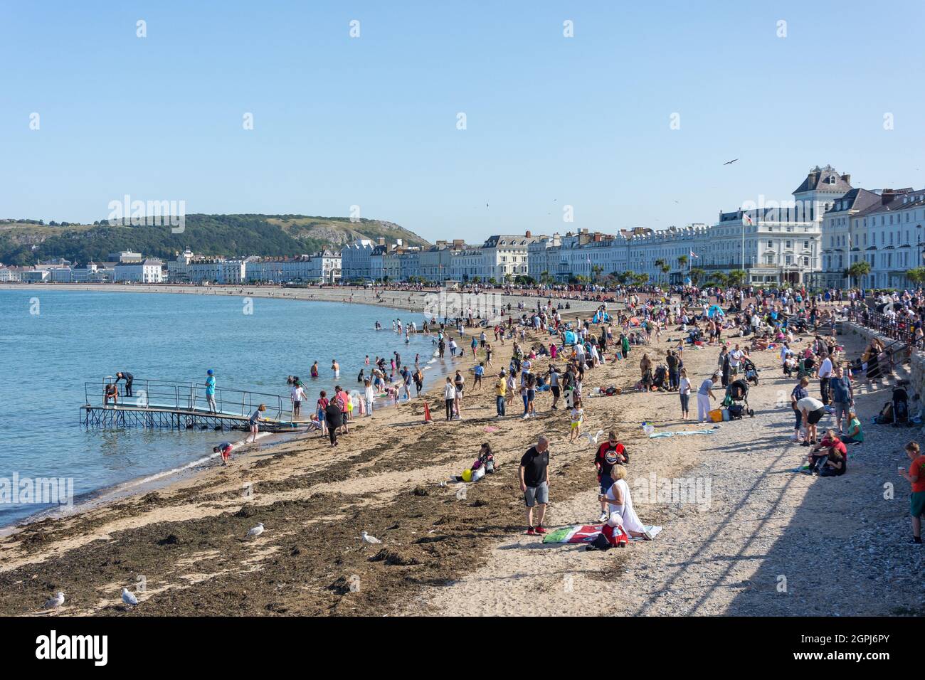 Spiaggia affollata e lungomare, Llandudno, Conwy County Borough, Galles, Regno Unito Foto Stock