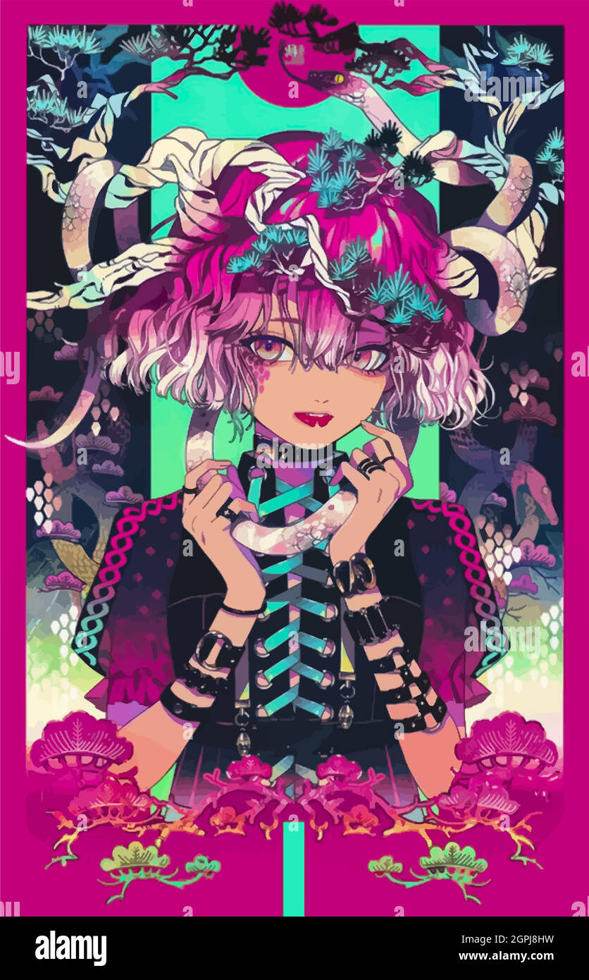 ragazza colorata anime con capelli rosa e serpenti sulla testa Illustrazione Vettoriale