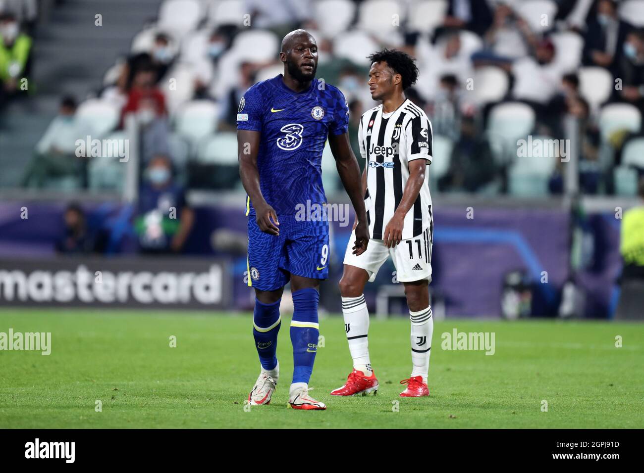 Torino, Italia. 29 settembre 2021. Romelu Lukaku del Chelsea FC sembra sconsolato durante la partita UEFA Champions League Group H tra Juventus FC e Chelsea FC allo Stadio Allianz il 29 settembre 2021 Torino, Italia . Credit: Marco Canoniero/Alamy Live News Foto Stock