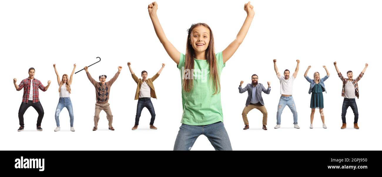 Bambino felice e giovani e anziani gesturando la felicità isolato su sfondo bianco Foto Stock