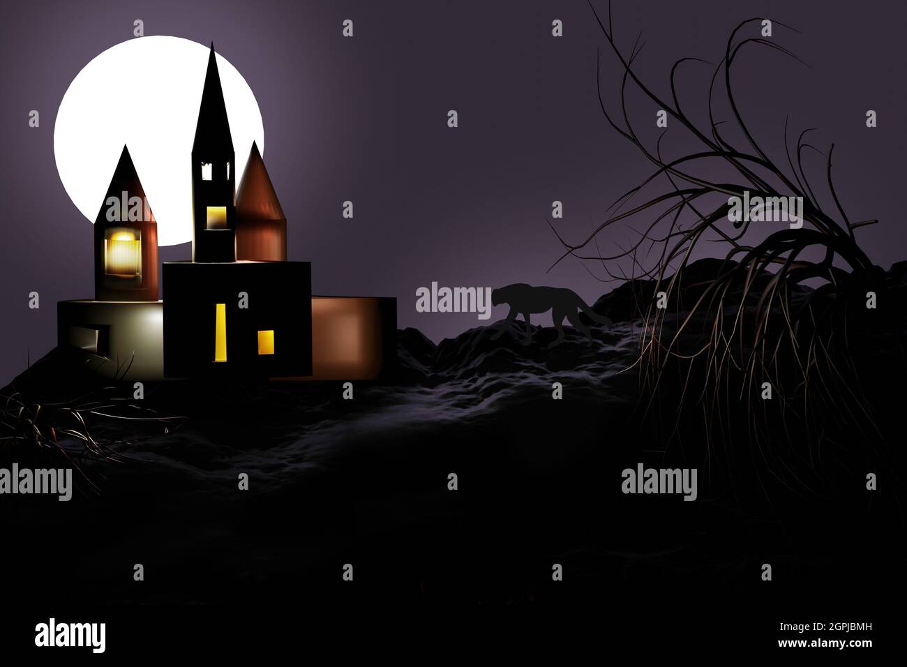 Sfondo di Halloween. Scena notturna con castello infestato e luna piena. Foto Stock