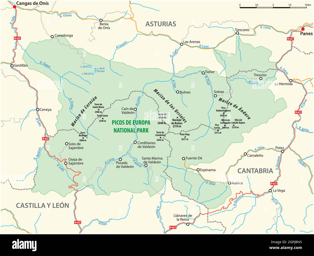 Mappa vettoriale del Parco Nazionale Spagnolo Picos de Europa Illustrazione Vettoriale