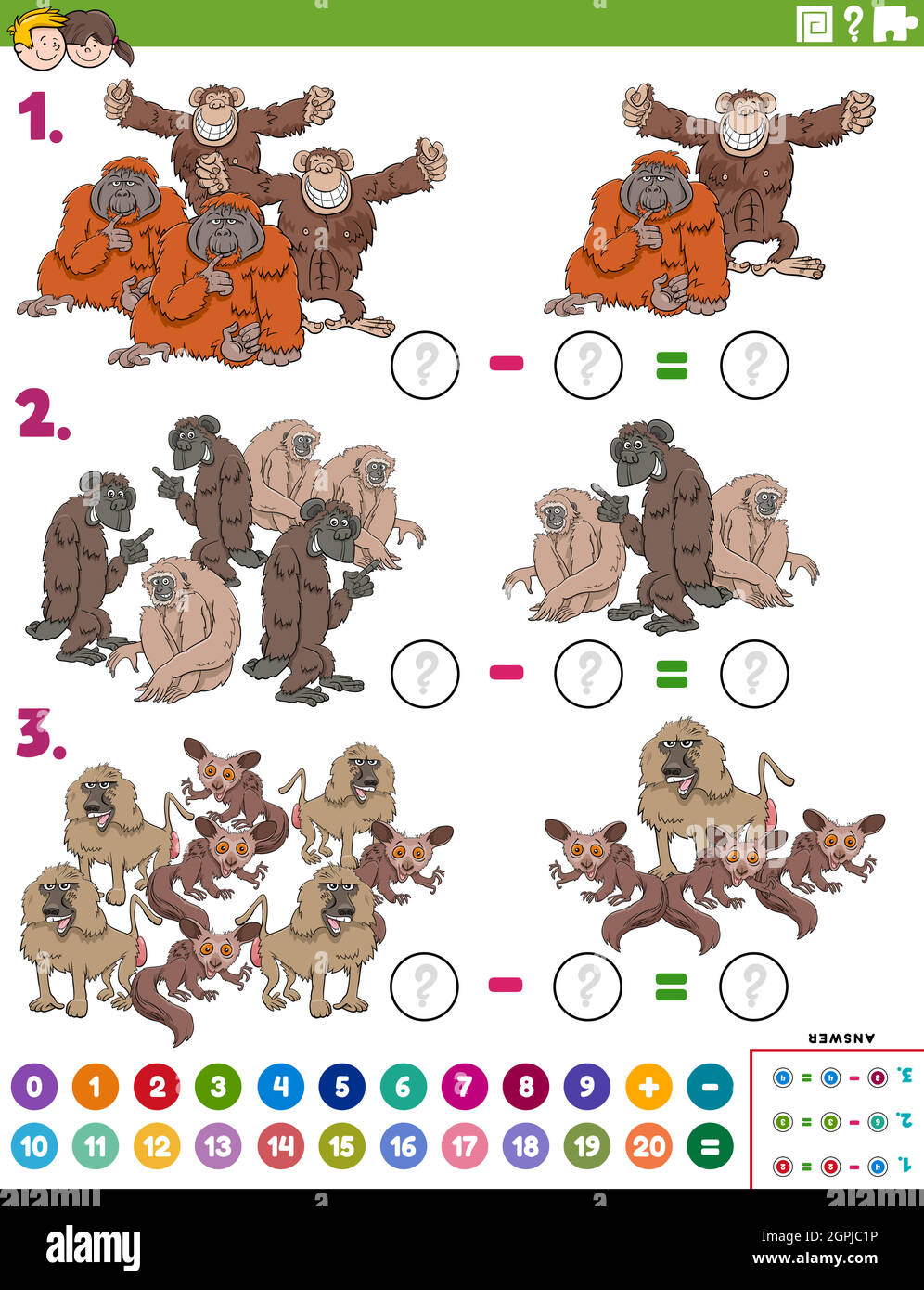 attività educativa di sottrazione con scimmie e cartoni animati Illustrazione Vettoriale