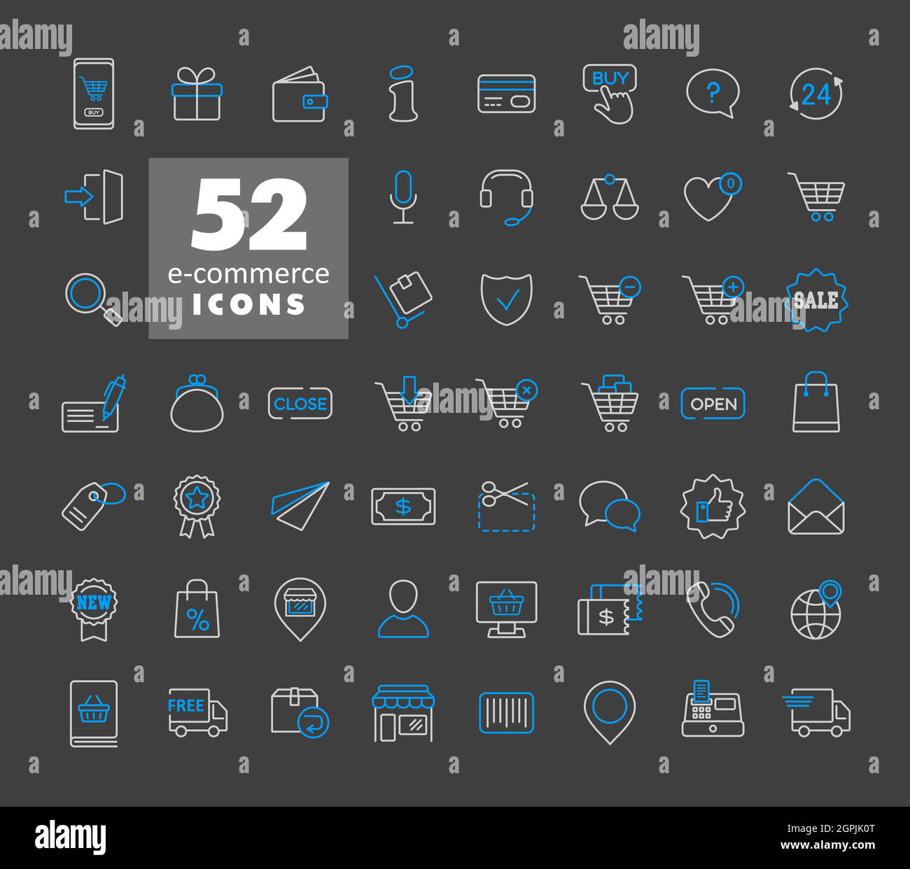 E-commerce Set icone vettoriali shopping e online Illustrazione Vettoriale