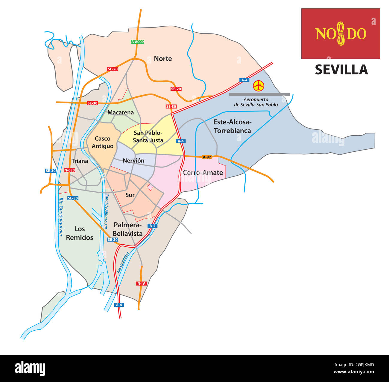 Mappa amministrativa e stradale della capitale andalusa Siviglia, Spagna Illustrazione Vettoriale