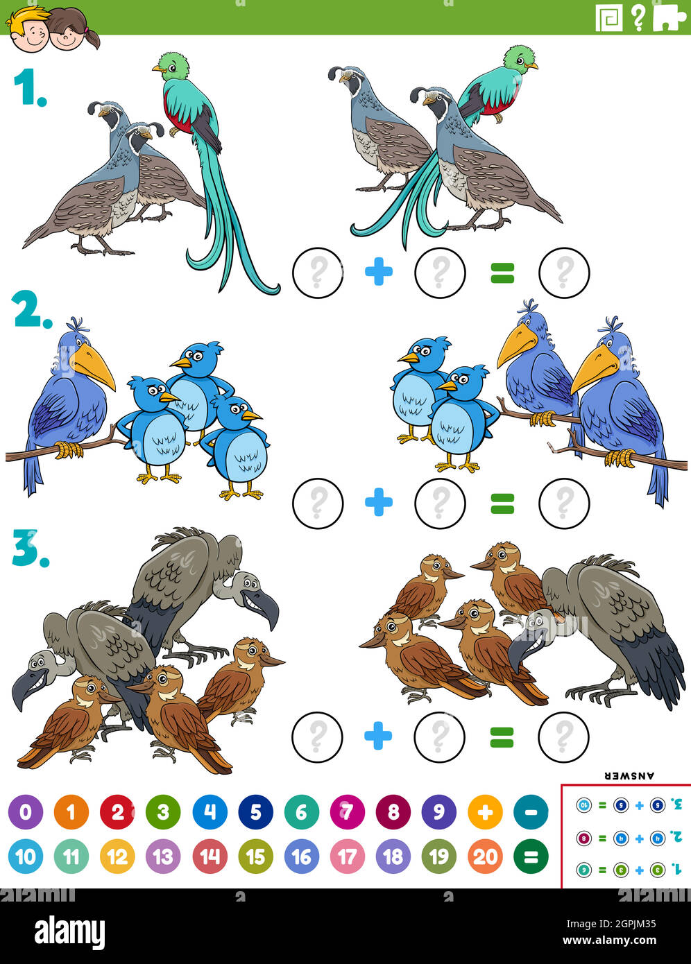 attività educativa di aggiunta matematica con i personaggi degli uccelli Illustrazione Vettoriale