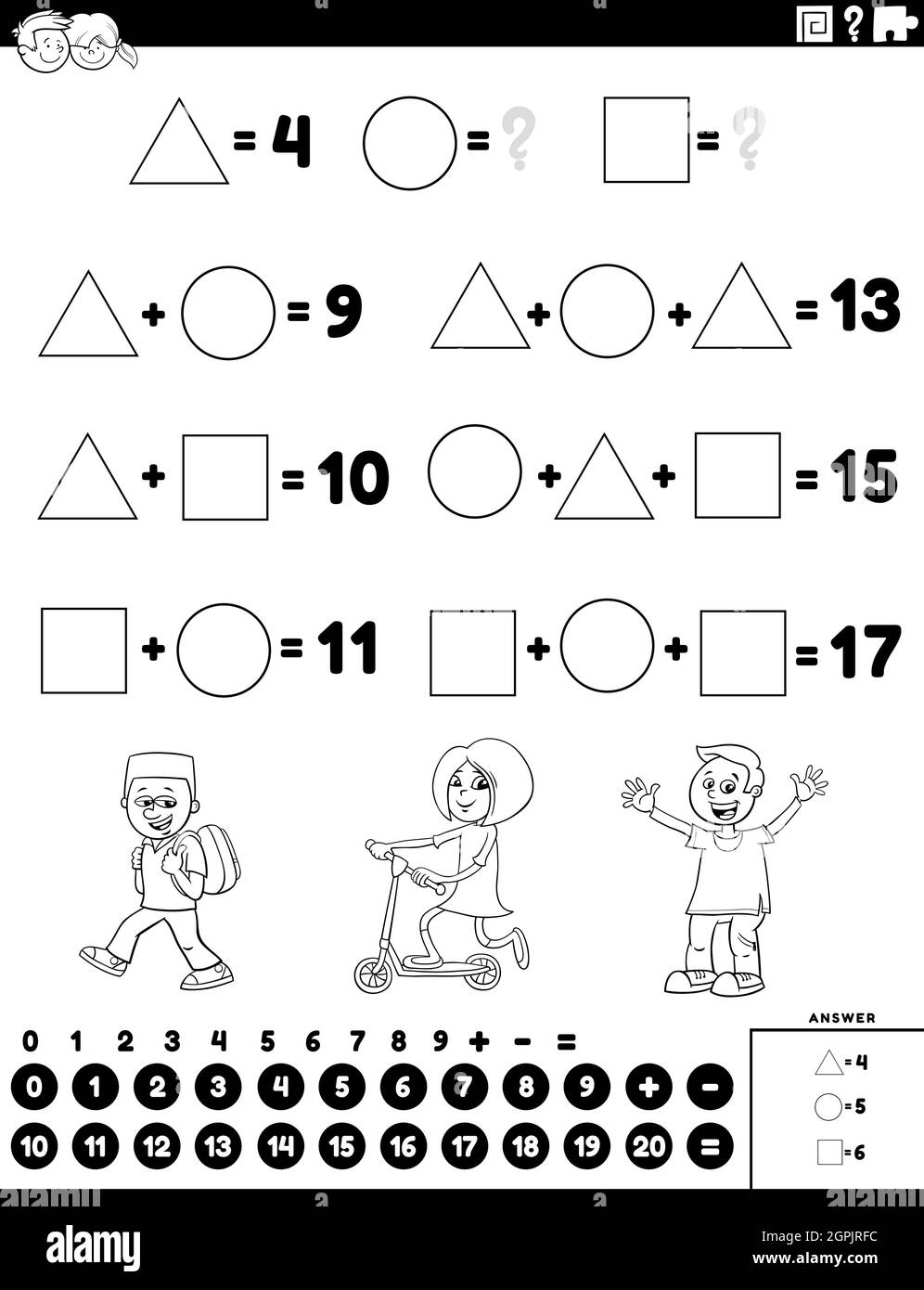 attività didattica di aggiunta matematica con personaggi figli Illustrazione Vettoriale