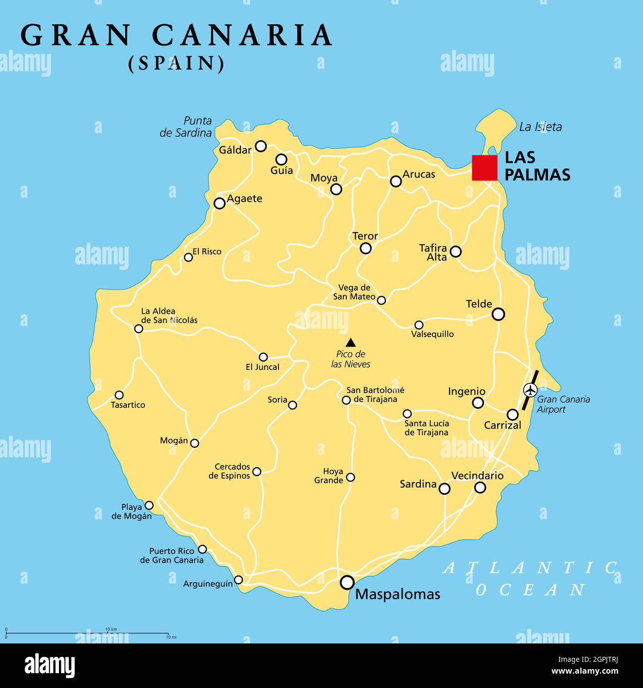 Gran Canaria, Grand Canary Island, mappa politica, con la capitale Las