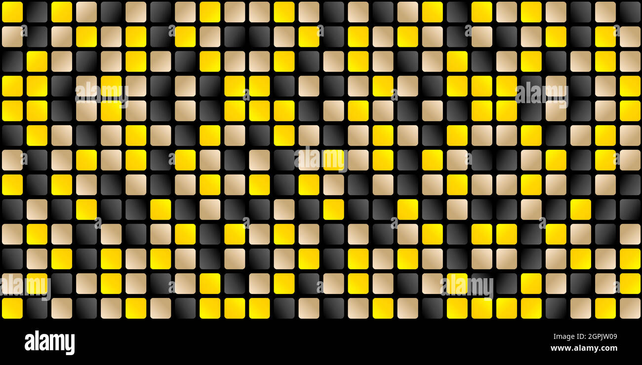 Sfondo astratto con vettore pattern quadrato, texture astratte colori scuri nero con piastrelle modello giallo o illuminante, colori sfumati oro e nero per banner web, insegne, e sfondo agenzia Illustrazione Vettoriale